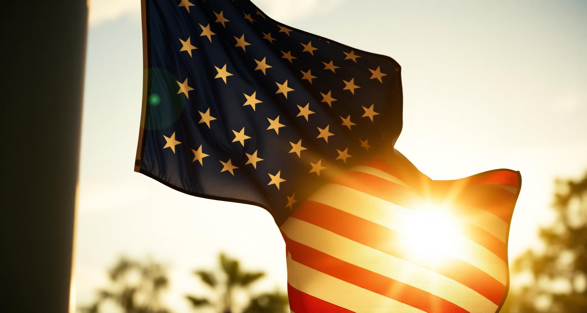 American flag backlit by golden sunlight, celebrating 250 years of the United States